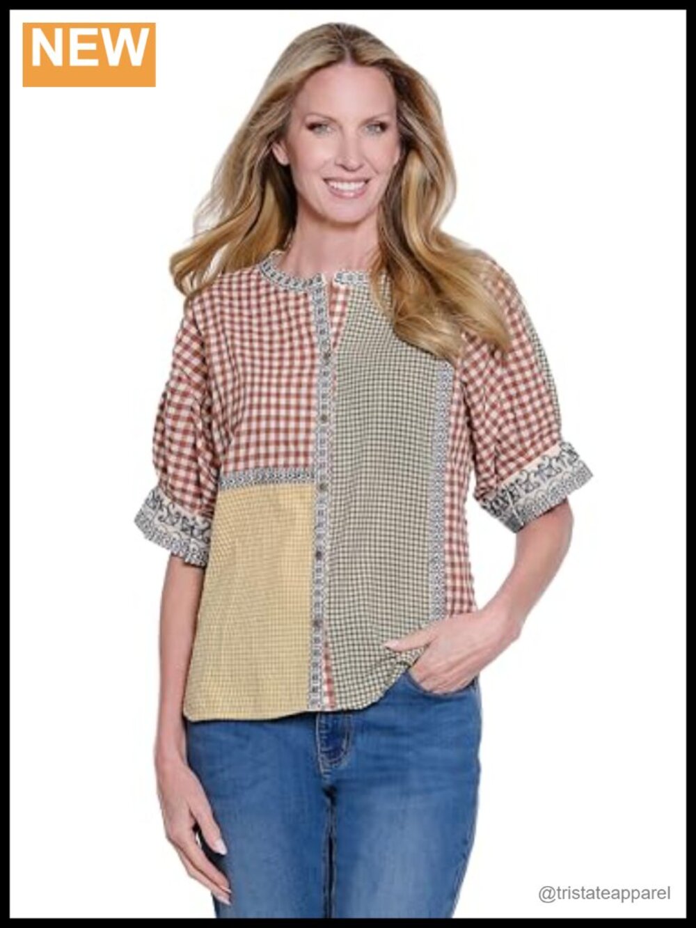 Woven Yarn Dyed Short Sleeve Button Down Blouse with Embroidery